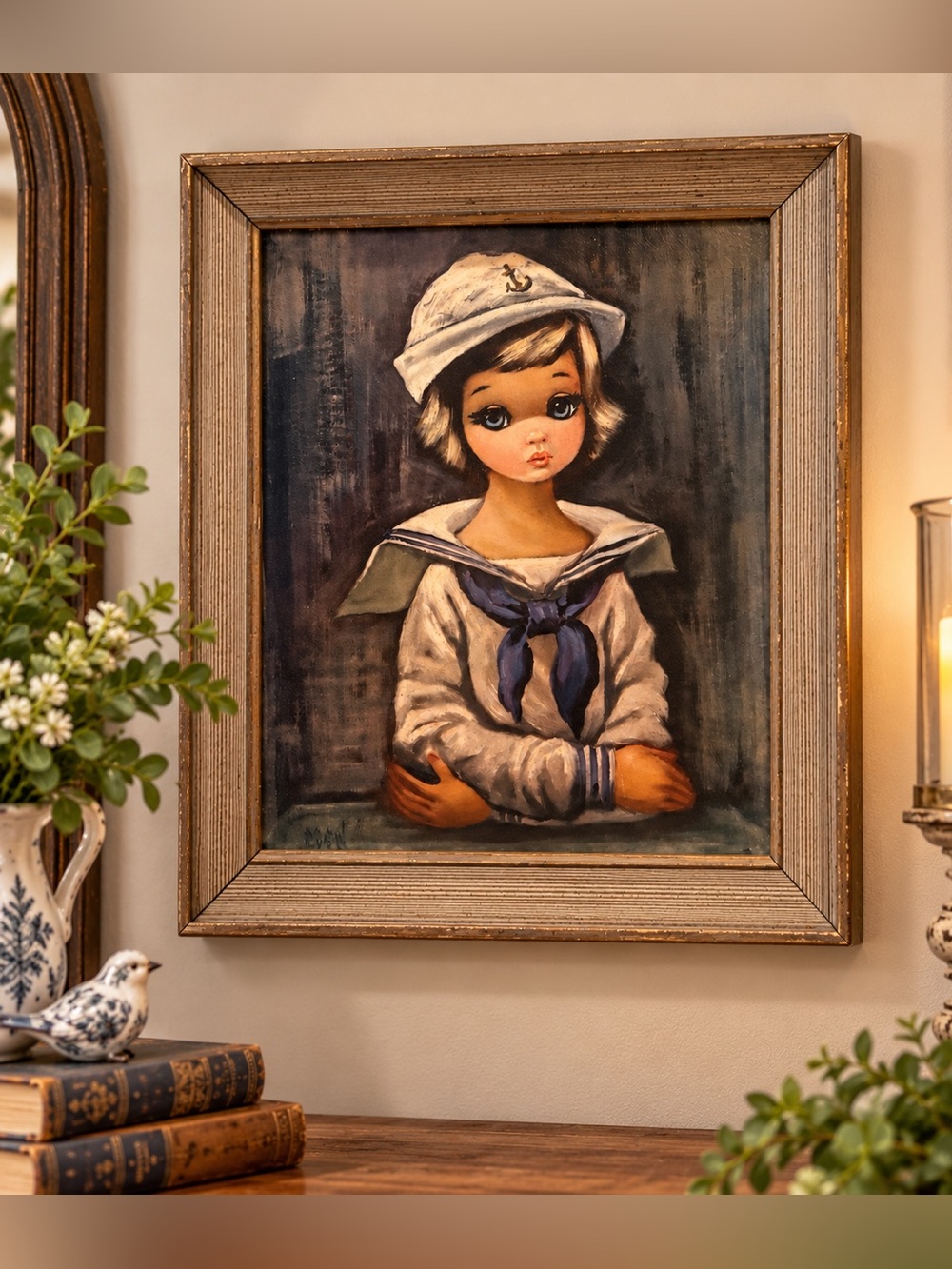 Vintage Lithograph Big Eyed "Sailor Girl" By Eden #362 Gold Metal Frame 8” x 10”